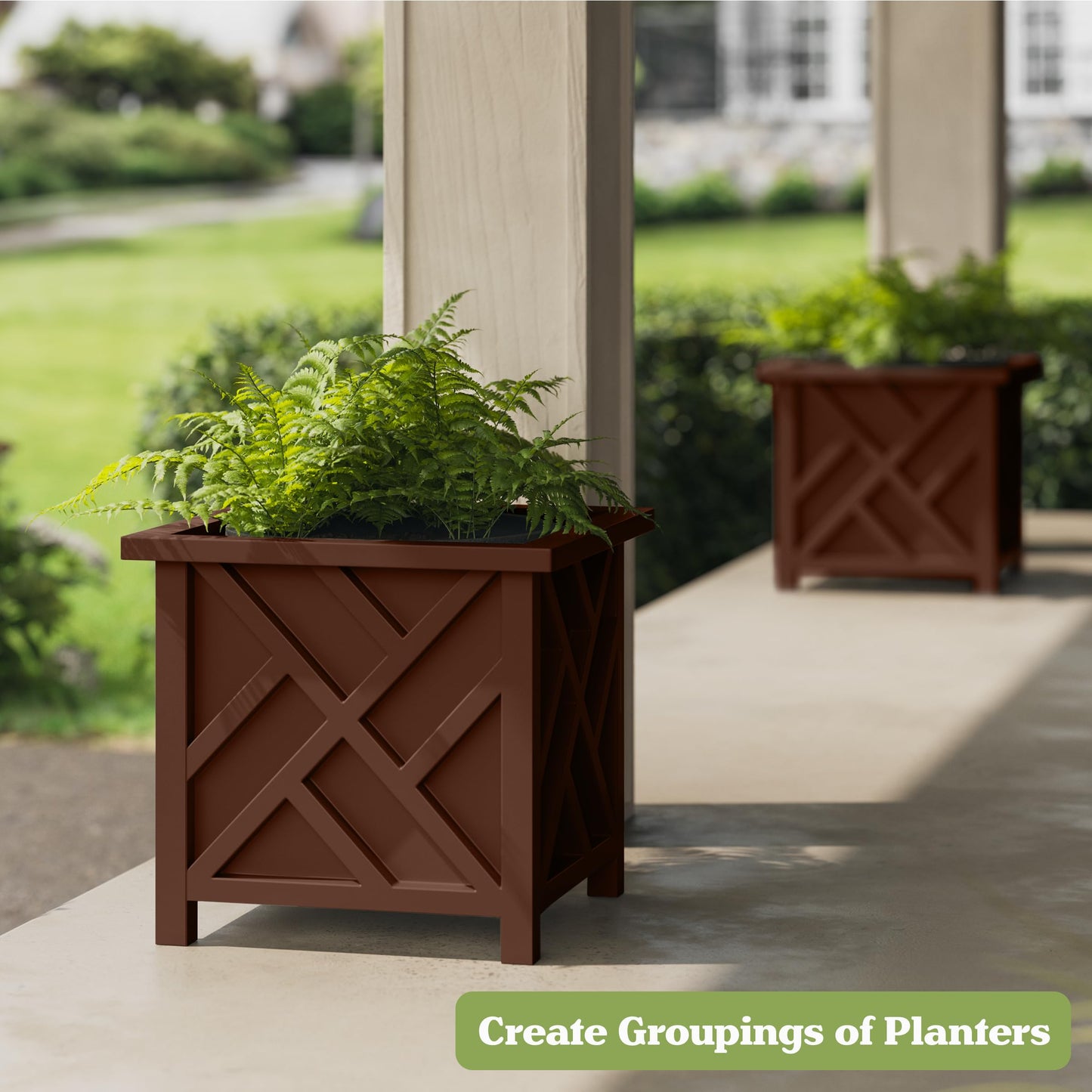 Lattice Design Planter Box - 15.5-Inch-Square Decorative Outdoor Flower or Plant Pot - Front Porch, Patio, and Garden Decor by Pure Garden (Brown)