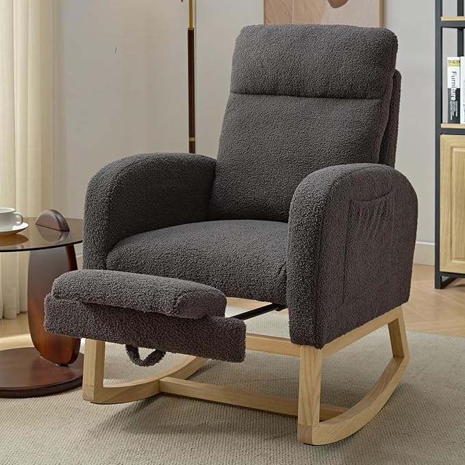 NIOIIKIT Modern Nursery Rocking Chair, Teddy Upholstered Rocking Chair