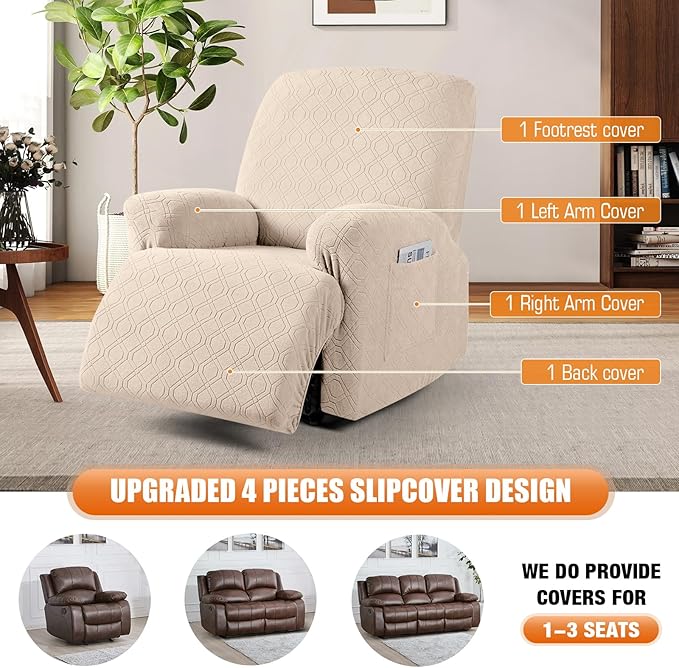 VANSOFY Oversized Recliner Chair Cover, 4-Pieces Stretch Recliner Covers