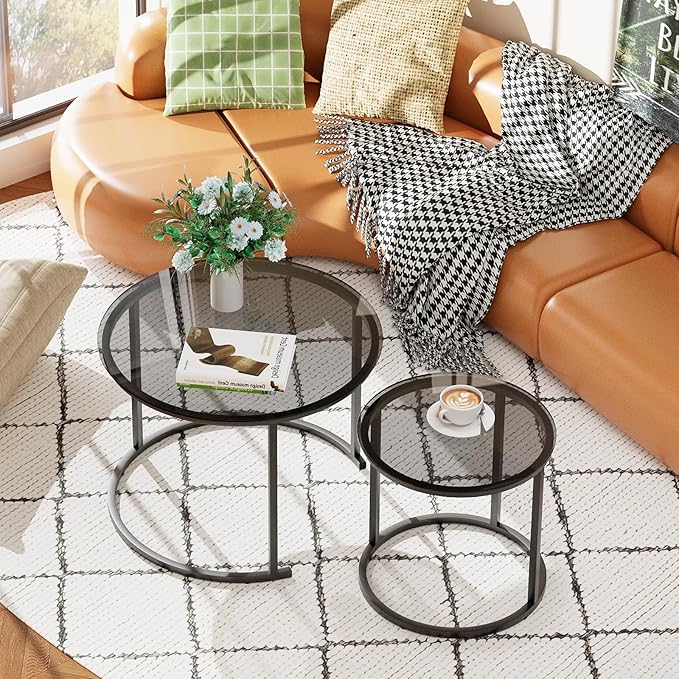 aboxoo Nesting Coffee Table Grey Glass Table Set of 2, Small Round Glass