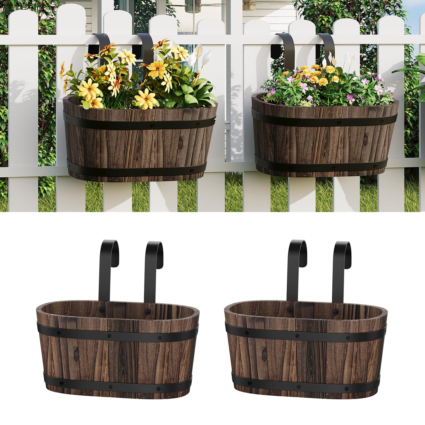 2PACK Wood Cute Railing Planter Box Wooden Hanging Flower Pots for Railing Fence Outdoor Plants Wall Planters Window Flower Box Hanging Bucket Pots Countryside plant Holder (Carbonized,2pcs,Small)