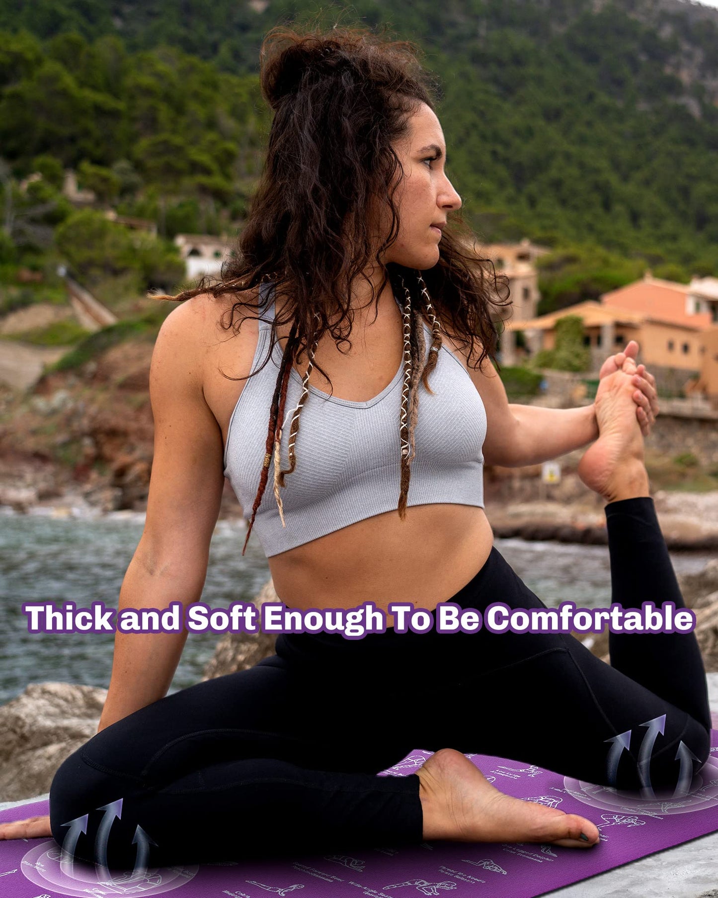 Instructional Travel Yoga Mat with 75 Poses & Exercises - Non-slip Exercise Mat for Home Workout, Includes Carrying Bag - Perfect for Beginners, 68"x24"x0.25"
