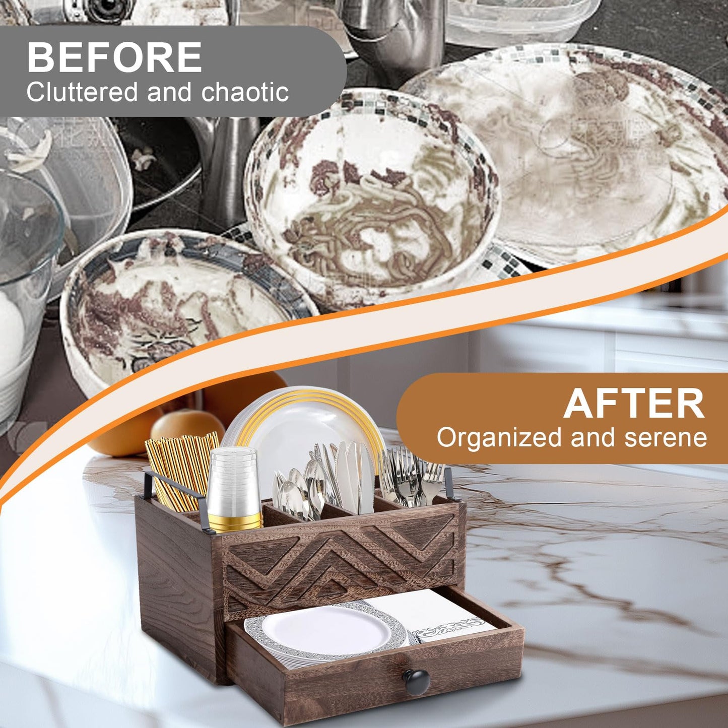 Aikosell Paper Plate Dispenser with Drawer, country style Wood Kitchen Counter, Picnic, Party, Camping - Caddy Organizer for Cups, Spoons, Forks, Plates, office supplies, Napkins & Silverware