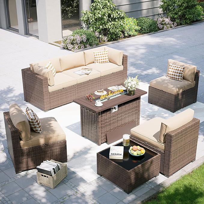 Aoxun Patio Furniture Set with Fire Pit Table, 8 Piece Outdoor Sectional Sofas