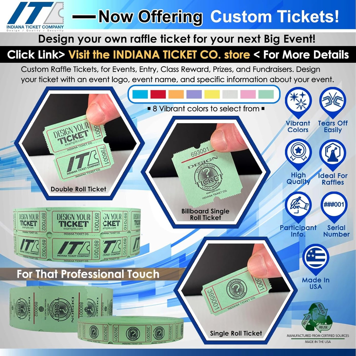 INDIANA TICKET CO. Double Roll Raffle Tickets – 1,000 Blue, Events, Fundraiser, Carnival, Fair, Door Prize, Drink/Food Tickets, Classroom Reward, Bingo, Auction, 50/50 Cash Draw. (8 Color Selection)