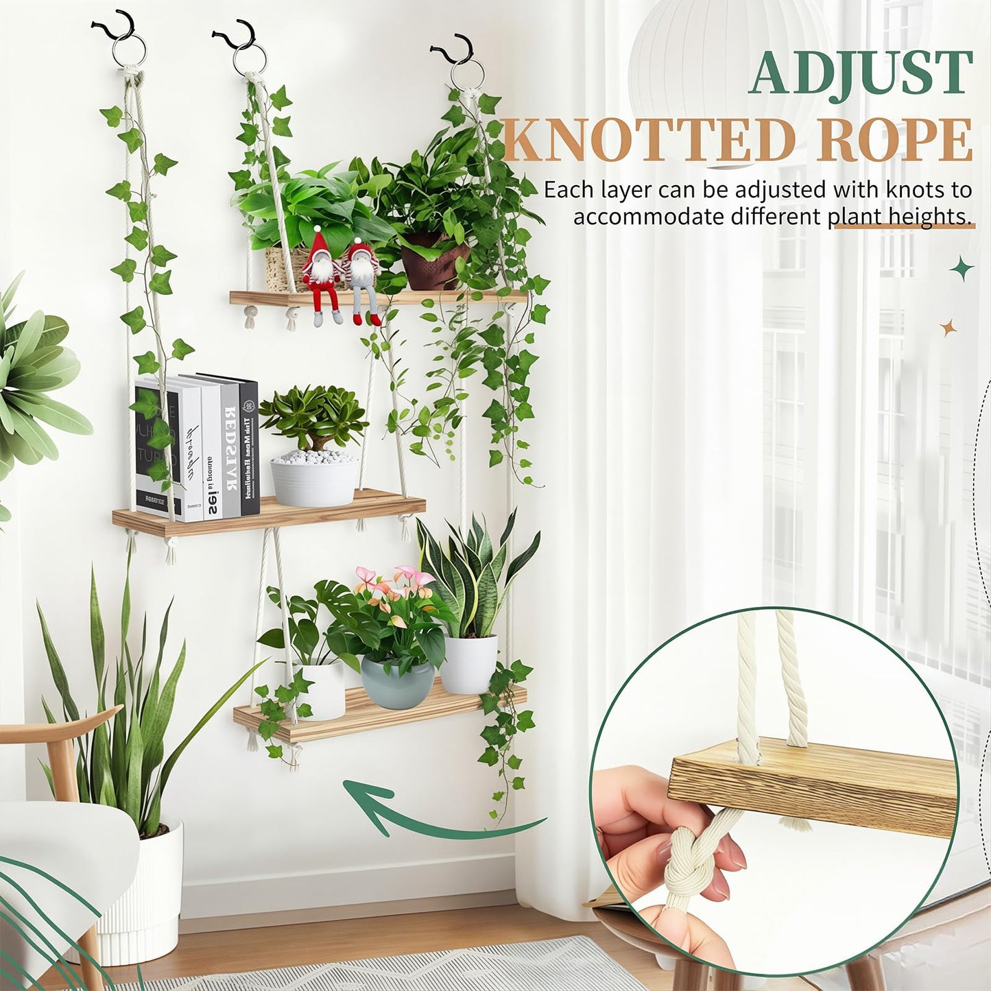 Window Plant Shelves, 3-Tier Boho Window Sill Plant Shelf with 35 Inch Macrame Plant Hanger, Indoor Hanging Wood Window Plant Hanger for Herb Garden, Flower, Micro Greens, Seedling Pots Display Stand