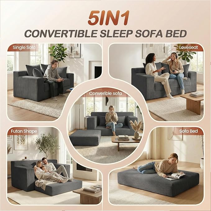 Convertible 5 in 1 Futon Sofa Bed Full Size, Corduroy Boneless Couch Sleeper