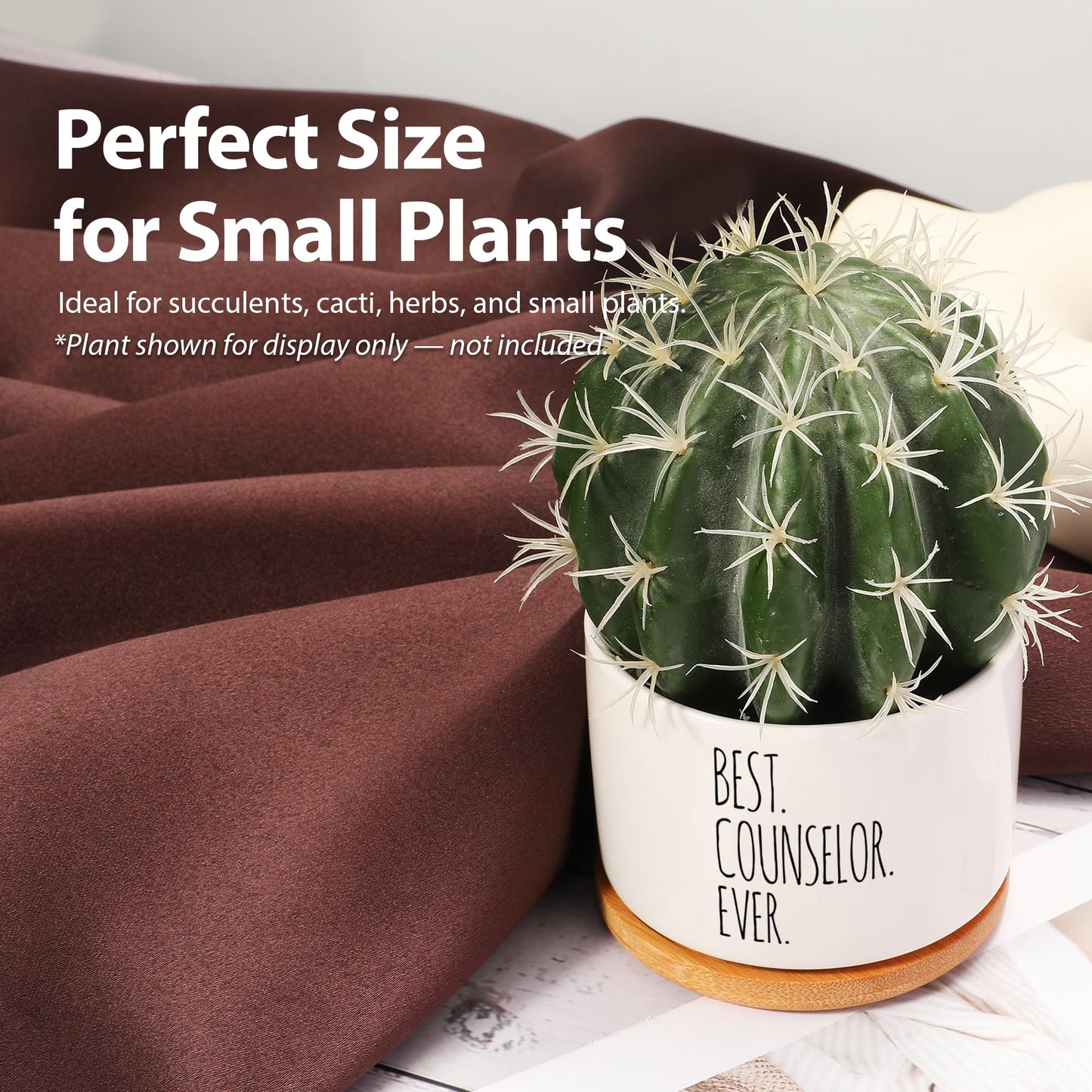Best Counselor Ever Counselor Gifts Ceramic Succulent Plant Pot with Bamboo Tray Round Mental Health Therapist School Counselor Psychologist Home Office Decor Plant Lover 3.5 Inch White (No Plants)