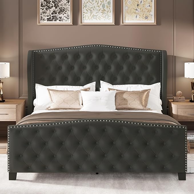 LARMACE Queen Size Bed Frame Velvet Upholstered Platform Bed