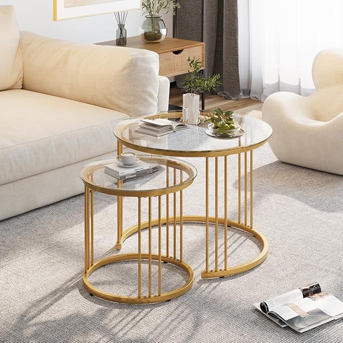 Garden 4 you Nesting Coffee Table, 23.6" Round Coffee Table Set of 2, Glass