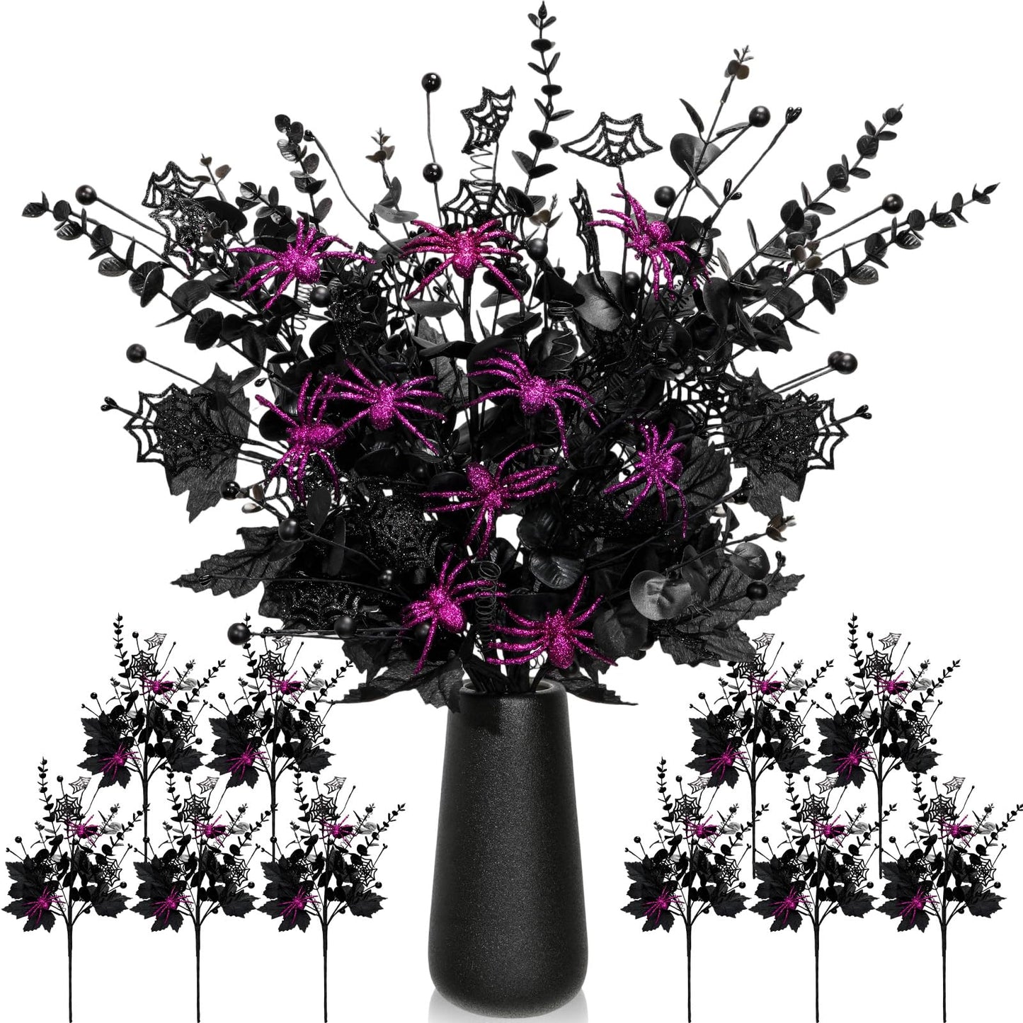 Giegxin 10 Pcs Halloween Floral Picks Halloween Decorations 19.5inch Black Artificial Flowers Branches Eucalyptus Stems Glitter Spiderweb Maple Leaf Stems for Home Indoor Party Vase Arrangement Decor
