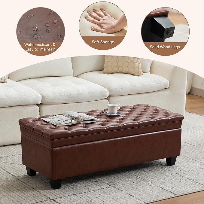 WUTUTUEE 50" Faux Leather Storage Ottoman Bench, Upholstered Rectangle End of