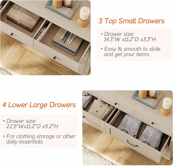 WAMPAT Beige 7 Drawers Dresser for Bedroom, Wide Chest of Drawers Kids Dresser