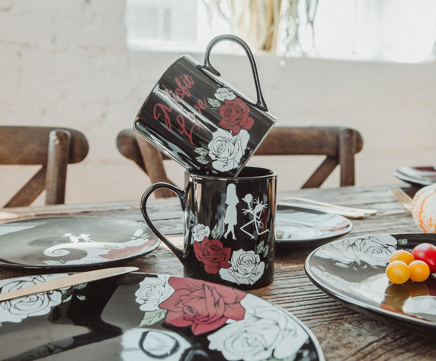 Disney The Nightmare Before Christmas Jack and Sally Roses 16-Piece Ceramic Dinnerware Set | Includes Salad Plates, Bowls, Mugs