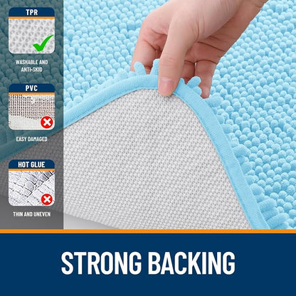 OLANLY Bathroom Rugs 30x18, Extra Soft Absorbent Chenille Bath Rugs, Rubber Backing Quick Dry, Machine Washable Bath Mats for Bathroom Floor, Tub and Shower, Home Decor Accessories, Sky Blue