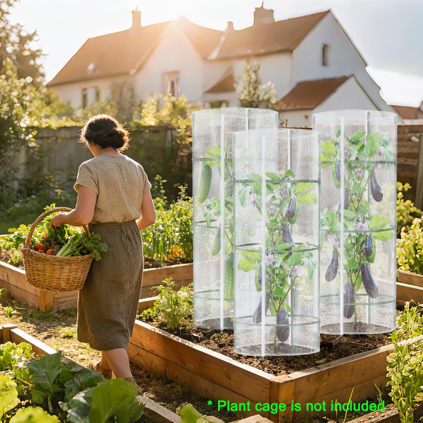 3 PCS Garden Netting for Round Plant Cage, 55" x 15" Tomato Cage Plant Cover Bird Netting Insect Barrier Mesh with Zipper, Tomato Trellis Garden Protection Net Cover for Climbing Plants Vegetables