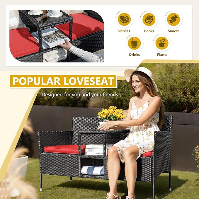Devoko Outdoor Patio Loveseat Modern Rattan 2-Seat Patio Conversation Set