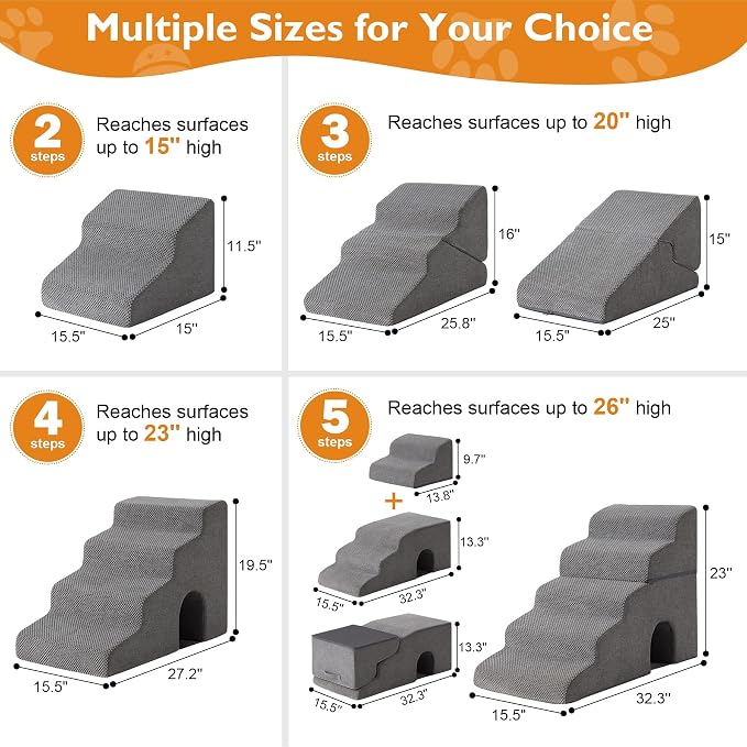 Dog Stairs for Small Dogs 16’’ H, 3-Step Dog Steps for Bed, Foldable Pet Stairs and Ramp for Dogs and Cats to Get on Beds, Couch, Non-Slip Balanced Pet Steps with Waterproof Cover, Grey