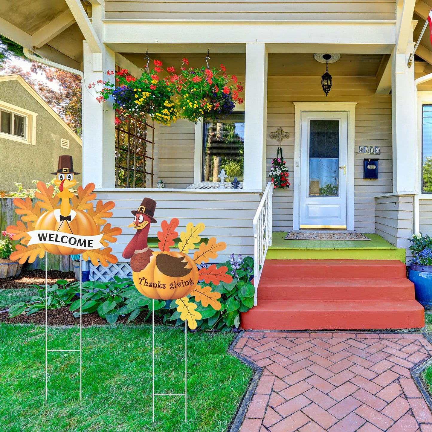 Sosation 4 Pack Thanksgiving Outdoor Decorations, Metal Turkey Yard Stakes with Pumpkin and Welcome Signs, Fall Harvest Thanksgiving Yard Decorations for Lawn, Garden, Porch, Pathway, Patio