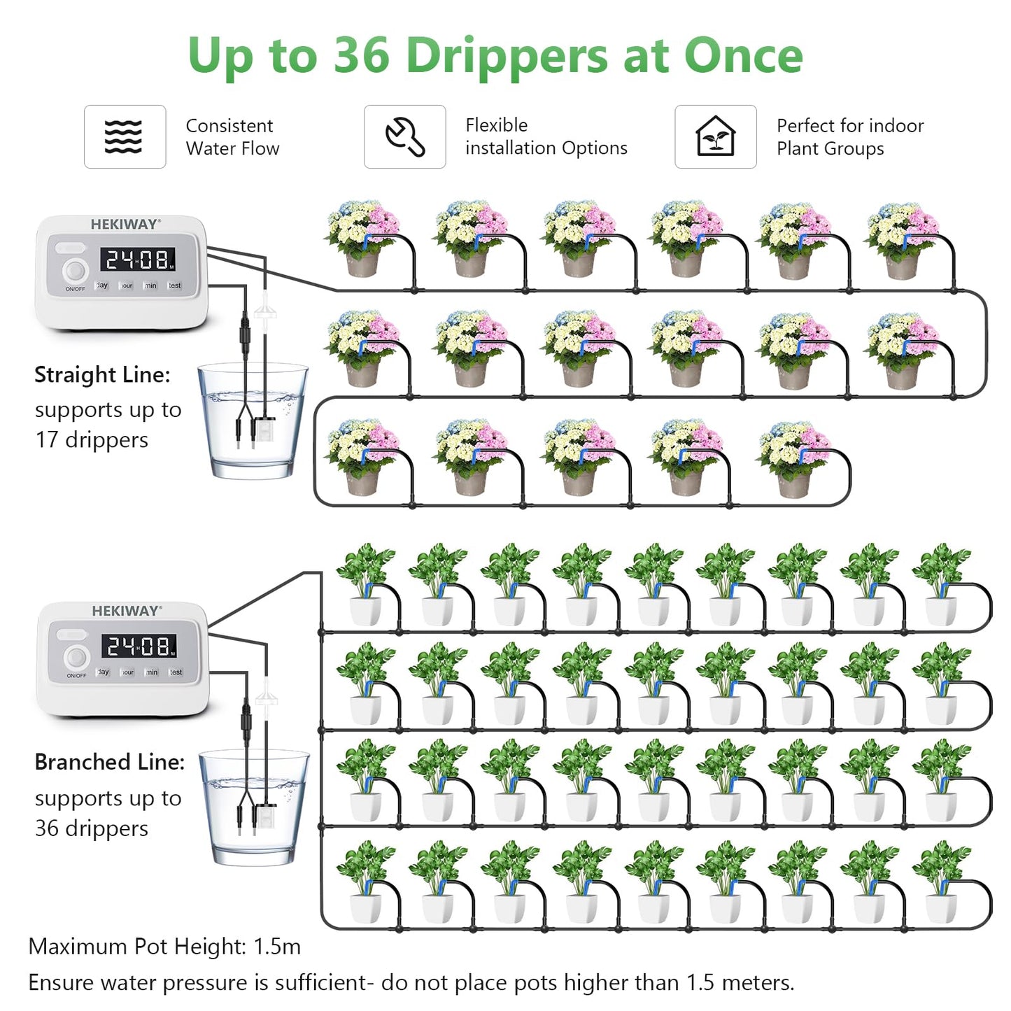 82FT Automatic Plant Watering System–HEKIWAY 390 Adjustable Watering Modes, Supports 30 Pots | Indoor Garden System & Vacation Plant Watering Devices, Auto Watering for Plants Outdoor