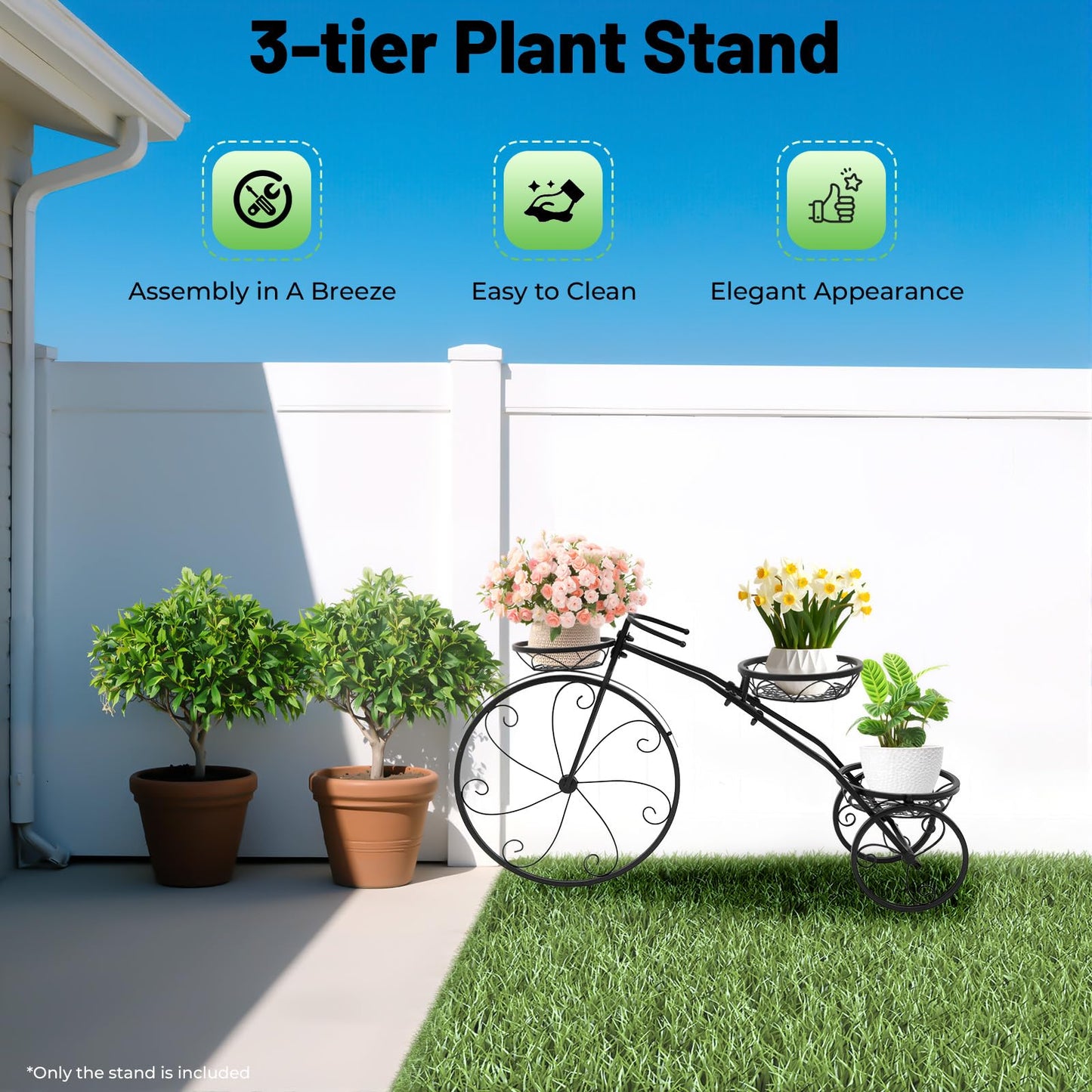 RudiUsoy Plant Stand, 3 Tier Metal Plant Display Rack Heavy Duty Garden Container Round Supports Rack 3 Flower Potted Holder for Indoor Outdoor Patio Corner Balcony (3 Tier Bicycle - Black)