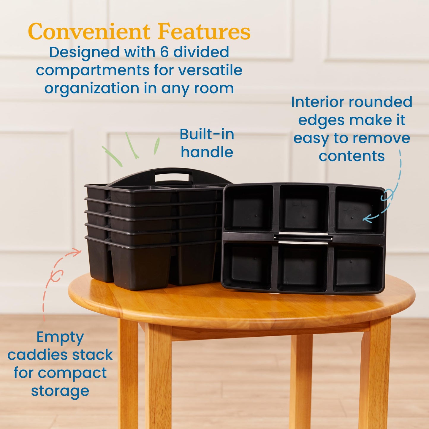 ECR4Kids 6-Compartment Large Plastic Caddy, Multipurpose Organization, Black, 6-Pack