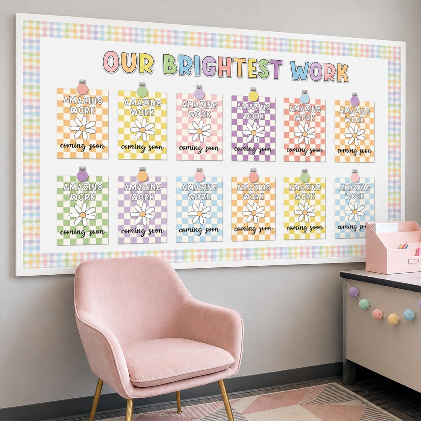 Bigerto 160 Pcs Pastel Student Work Display Bulletin Board Decoration Our Brightest Work Wow Works Cutouts with Clips Names Display Classroom Decor for Teachers Motivational Back to School Supplies