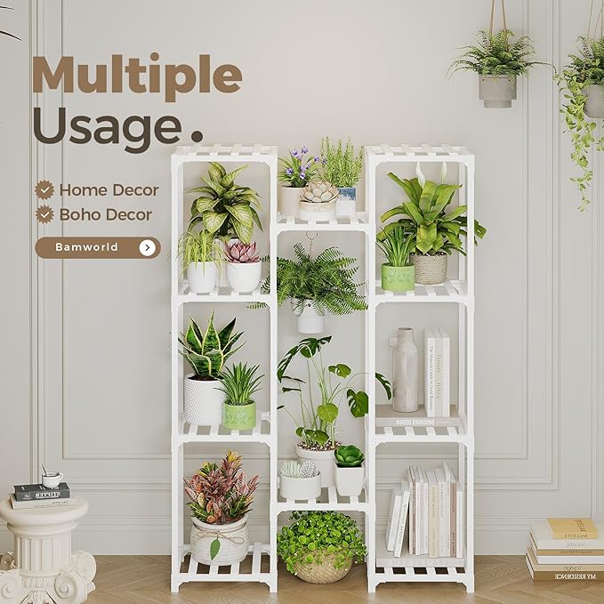 Bamworld White Plant Stand Indoor/Outdoor Ladder Plant Rack, 3 Tiers