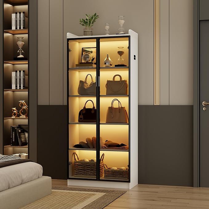 Dystler Display Cabinet with Doors and Adjustable Shelves, 5 Tier Display Case