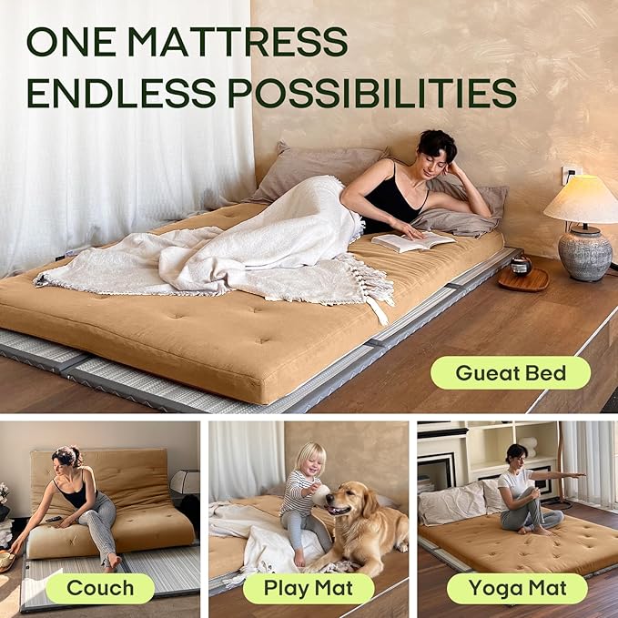 ZonLi Japanese Floor Futon Mattress Queen Size 80"x 60", 100% Cotton Cover 4''