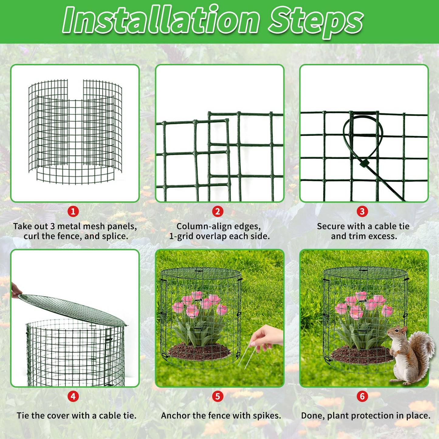 PREUVEDE 6 Pack Dark Green Plant Protectors, 11.8×11.8in Round Wire Garden Fence Cage with Lid, Animal-Proof Mesh Plant Covers for Rabbits, Squirrels & Pets, Stakes, Zip Ties & Gloves Included