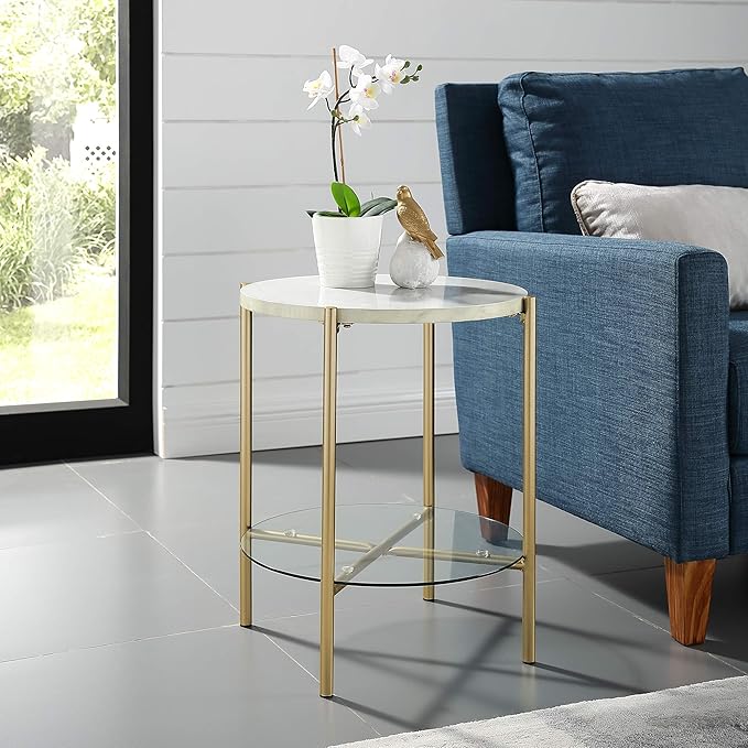 Walker Edison Blaine Mid Century Modern Marble and Glass Round Accent Table
