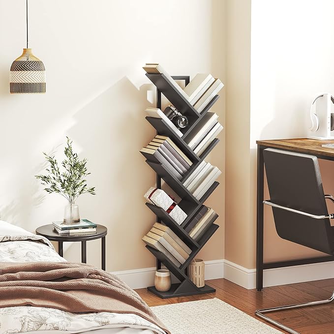 HOOBRO Tree Bookshelf, 9-Tier Bookcase Wooden Shelves, Floor Standing Storage
