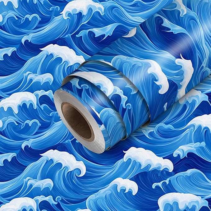 HOMETITUTE Ocean Blue Wave Pattern Wallpaper Peel and Stick Self Adhesive Vinyl