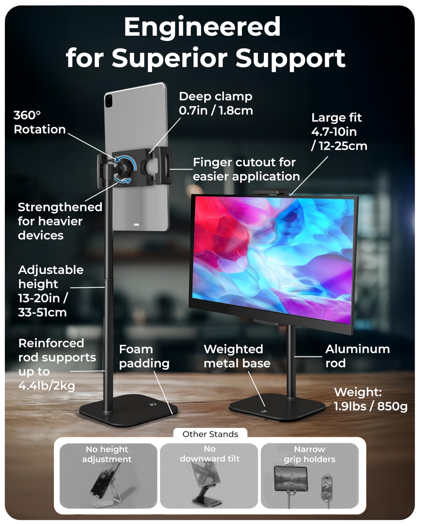 COOPER TabStand, 20" Tall iPad Stand for Desk, Portable Monitor Holder up to 17" Holds 4.4lb, Desktop Tablet Stand, Tablet Mount, Apple iPad Holder for Desk, for Samsung, Kindle, Fire (Night Black)