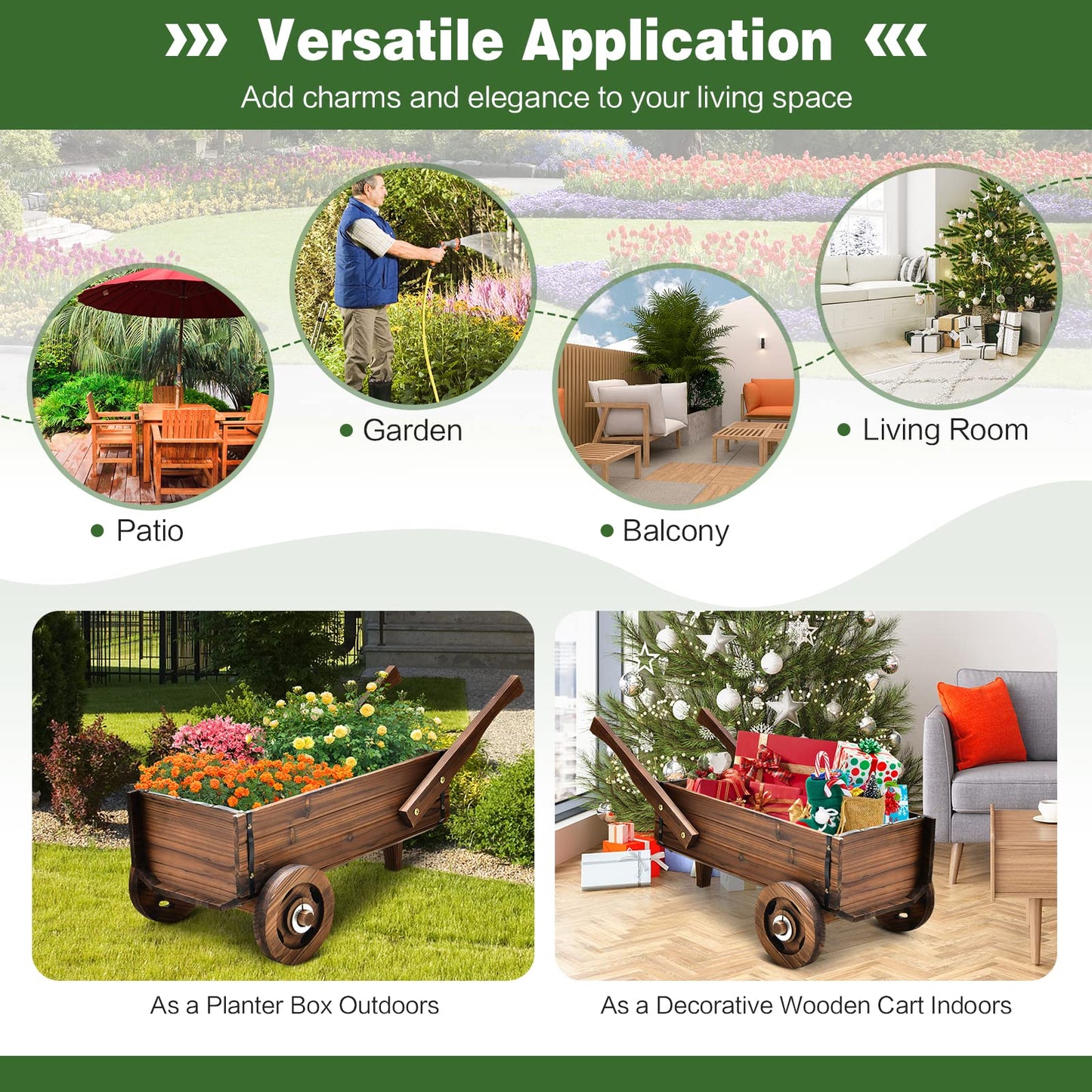 Giantex Wooden Wagon Planter Box, Decorative Wagon Cart with Wheels, Handles, Drainage Hole, Flower Planter Pot Stand, Rustic Flowerpot Planter, Indoor & Outdoor Garden Patio Balcony