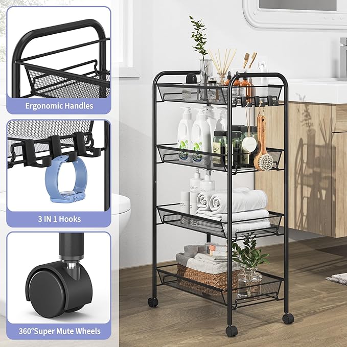 TOOLF 4-Tier Rolling Cart, Metal Utility Cart