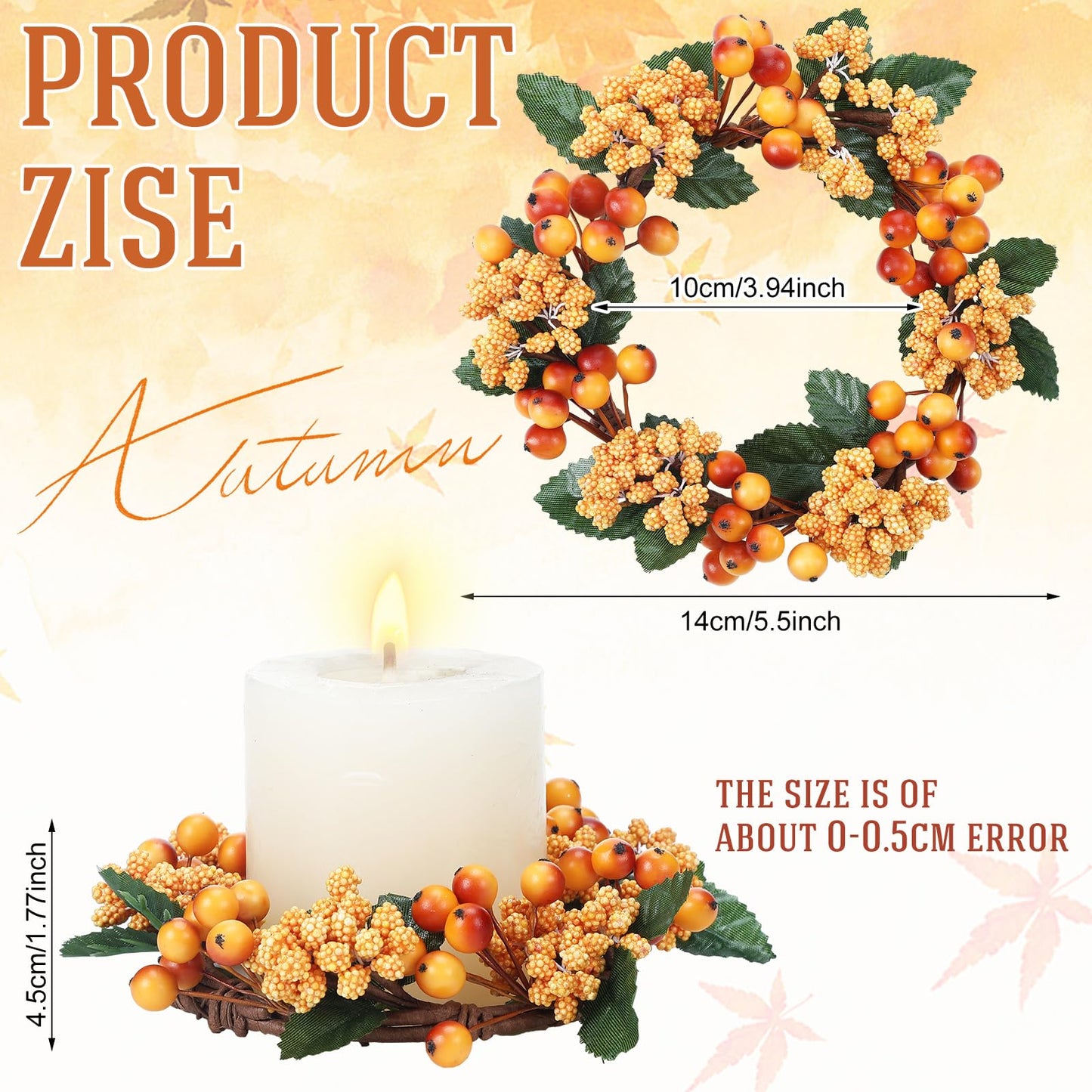 Suncalla 2 Pack Fall Candle Rings Wreath 6 with Artificial Berry Leaf Acorn Wreath for Mini Candle Rings Thanksgiving Fall Wedding Rustic Seasonal Decoration (Berry)