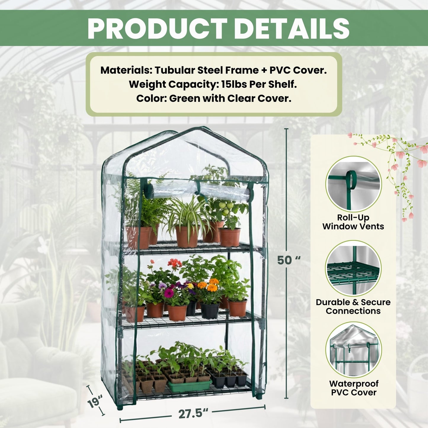 3 Tier Mini Greenhouse - Portable Greenhouse with Rust-Resistant Frame and PVC Cover for Indoor/Outdoor - 27.5x19x50-Inch Green House by Pure Garden