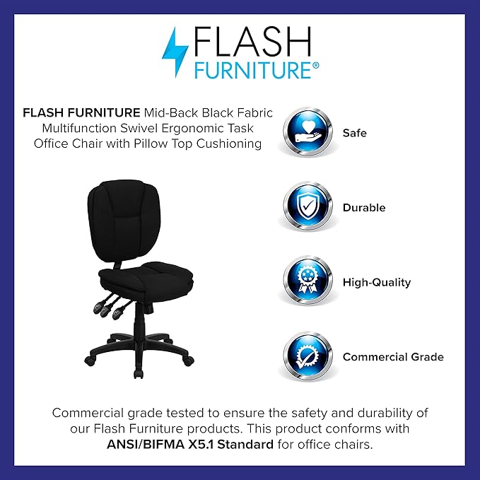 Flash Furniture Caroline Mid-Back Black Fabric Multifunction Swivel Ergonomic