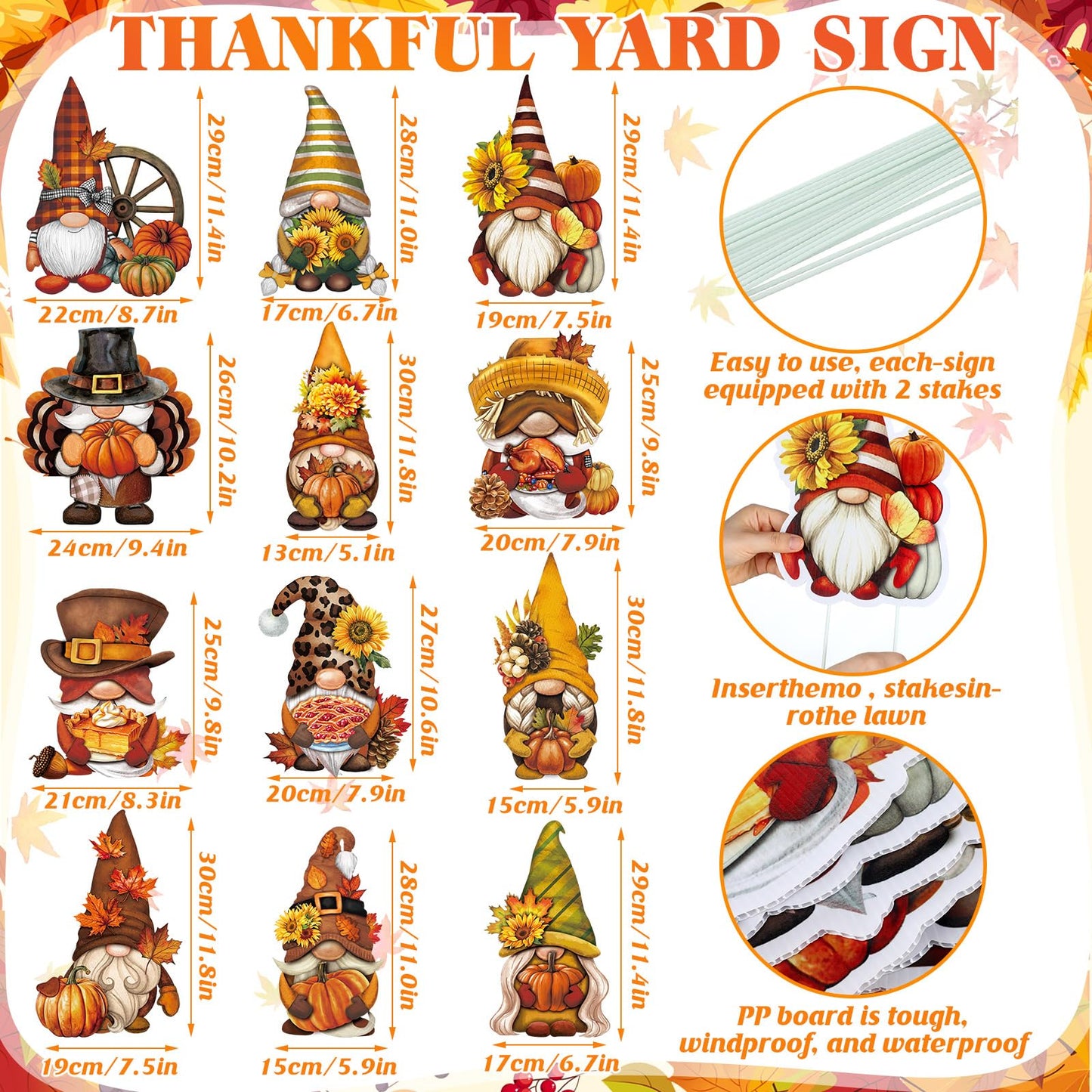 Sintuff 12 Pcs Fall Yard Sign Gnome Stakes Autumn Harvest Gnomes Yard Ornament Thanksgiving Garden Signs for Holiday Party Home Farmhouse Pathway Garden Lawn Outdoor Decoration(Gnome,13.78 Inches)