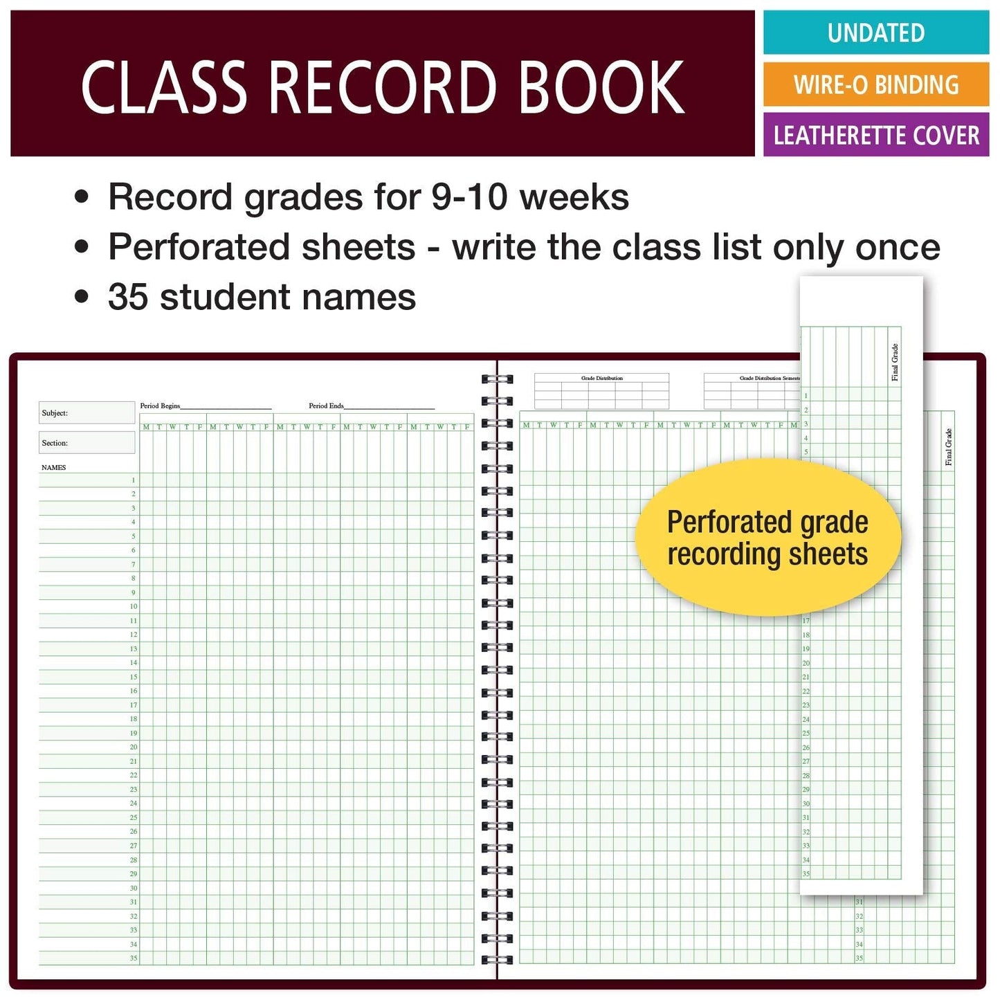 Class Record Book for 9-10 Weeks. 35 Names. Larger Grade Recording Squares. (R1035)