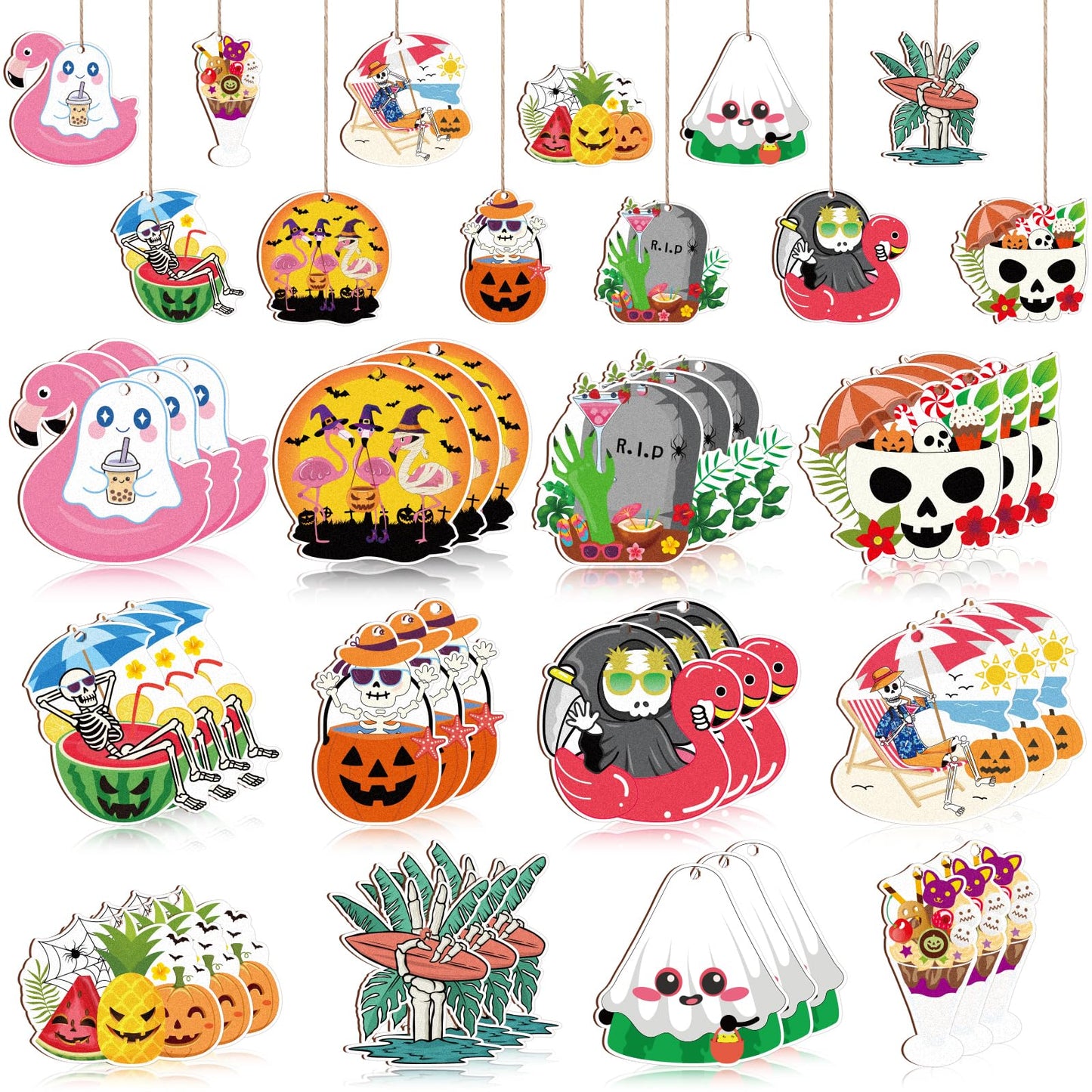 36 Pcs Summer Halloween Ornaments Hawaii Themed Hallows' Eve Ghost Wooden Hanging Ornament for Hawaiian Halloween Party Decor
