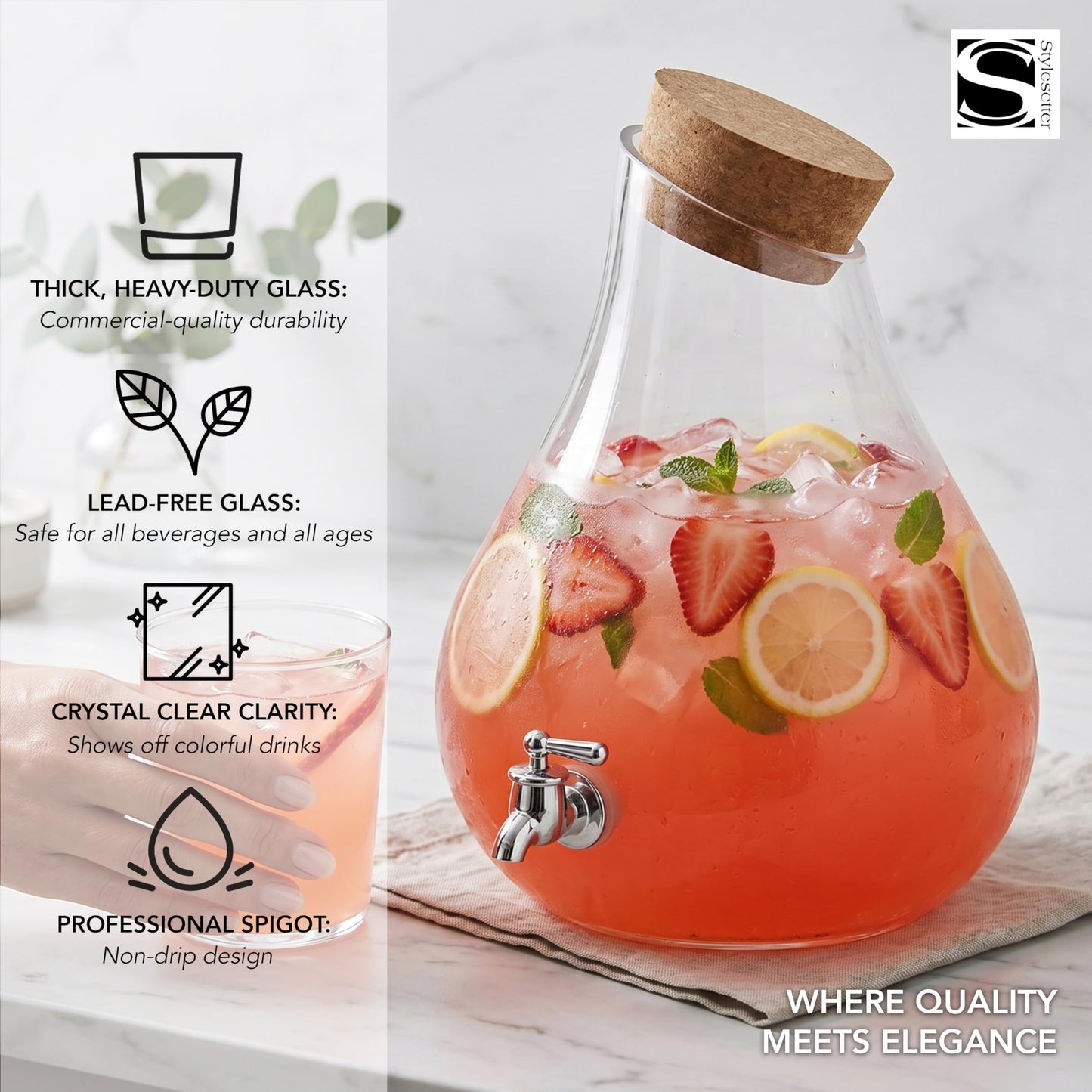 Style Setter Beverage Dispenser Cold Drink Dispenser Glass Jug, Metal Stand & Leak-Proof Acrylic Spigot Great for Parties, Weddings & More (2.5 Gallon, Glass with Cork Lid)