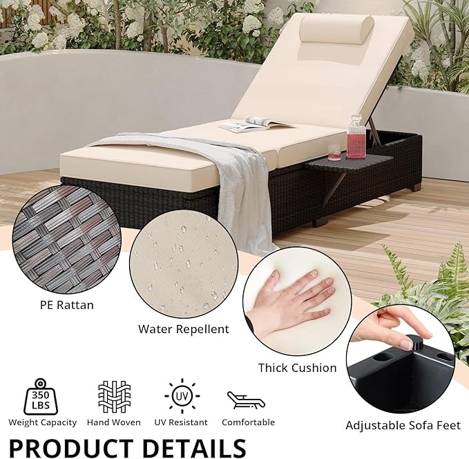 PeakPursuit Patio Lounge Chairs, Outdoor PE Wicker Chaise Lounge Set of 2
