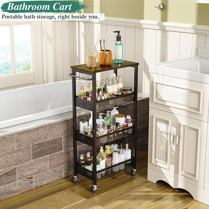 OKZEST Utility Slim Storage Cart, 4-Tier Narrow Bathroom Organizer and Storage
