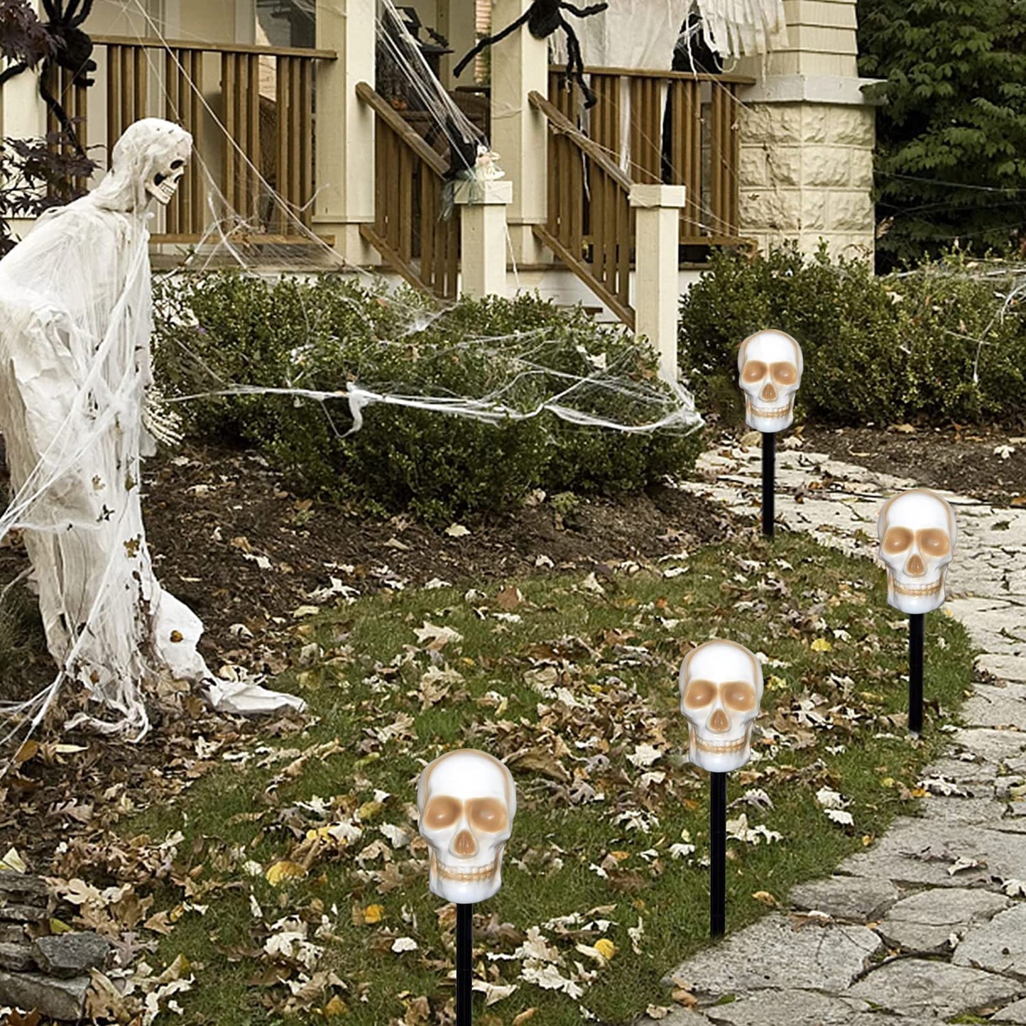 C7 Halloween Skull Pathway Stake Lights, 7 Ft Halloween Pathway String Lights with 4 C7 Bulbs, Stake, Halloweens Decorations Driveway Markers Lights for Outdoor Holiday Garden Walkway Party Lighting