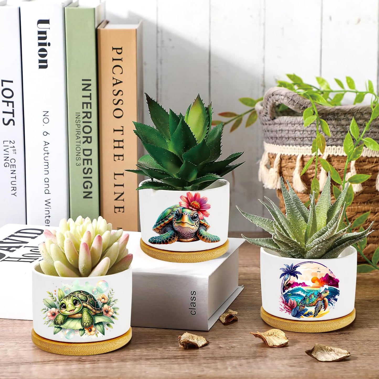 Databa Turtle Succulent Pots 3 Pack, 3 Inch Succulent Planters with Drainage and Bamboo Tray, Turtle Gifts for Women, Ceramic Small Pots for Baby Plants, Cactus, Herbs- Plants Not Included