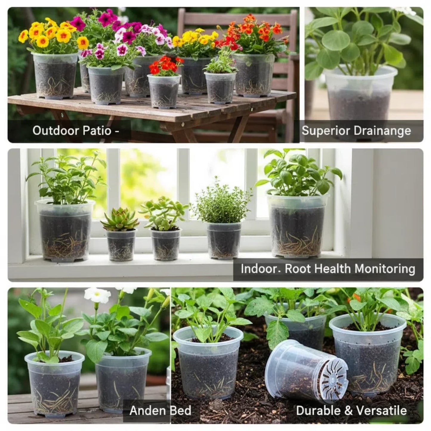 Vmeoap 12 Pack Clear Plant Pots with Saucers (5/6/7/7.5") - Extra Thick Transparent Plastic Nursery Pots for Orchids & Indoor Plants, Excellent Drainage Holes & Bonus Gardening Gloves