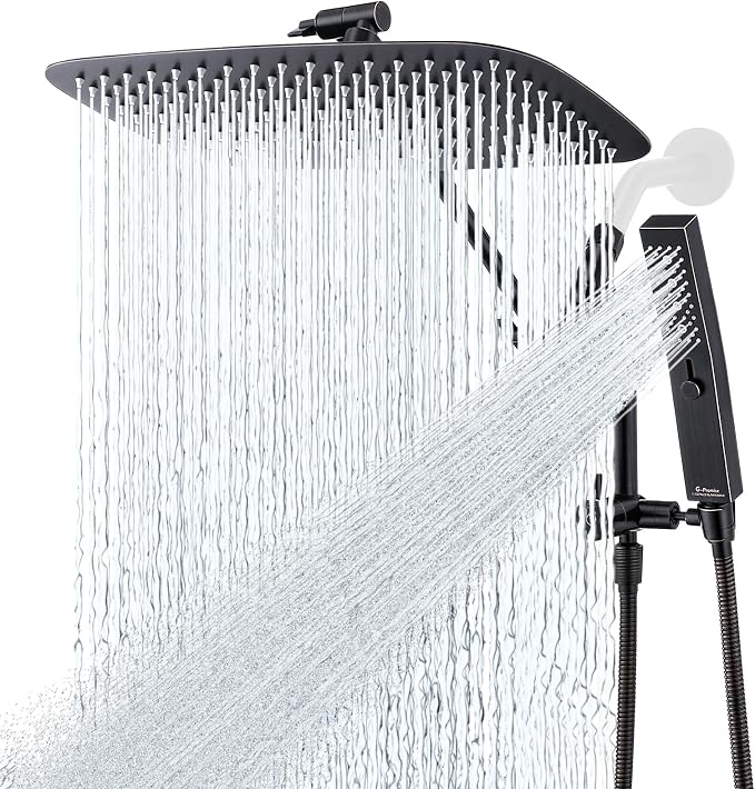 G-Promise All Metal 14 Inch Rain Shower Head with Massage Mode Handheld Spray Combo, 3-Way Diverter with Pause Setting, Full Body Coverage, Modern Bathroom Upgrade (Oil Rubbed Bronze)